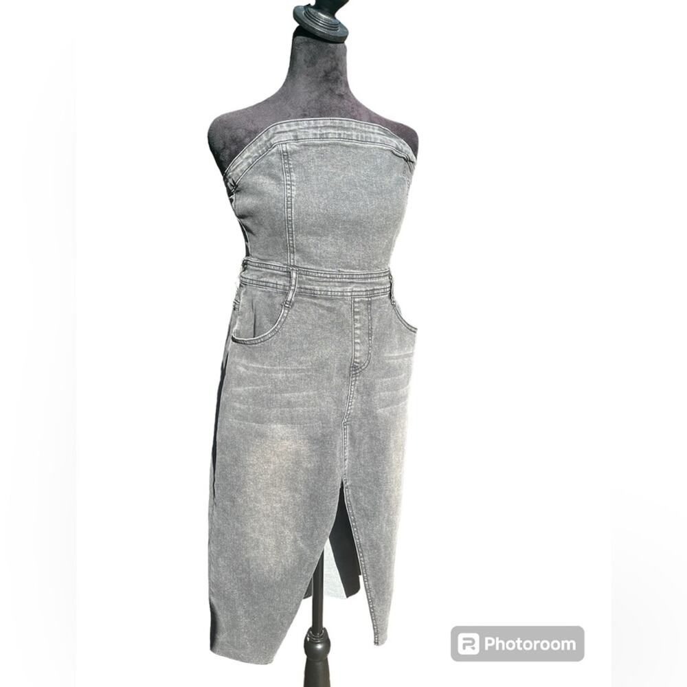 DISTRESSED GRAY DENIM BANDEAU SPLIT FRONT MIDI DRESS SZ L 12-14 - Picture 3 of 8